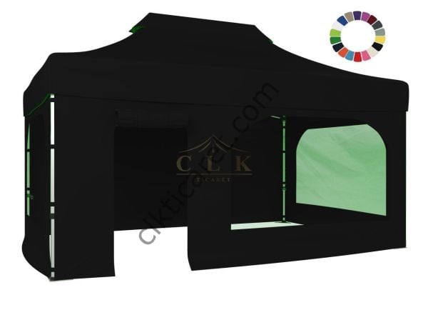 CLK 3x4,5 40mm Alüminyum Katlanabilir Tente Gazebo Çadır 4 Kenar Kapalı Takım Pencereli Kapılı