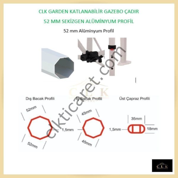 CLK 2,5x2,5 52mm Kalın Alüminyum Katlanabilir Tente Gazebo Çadır 3 Kenar Kapalı