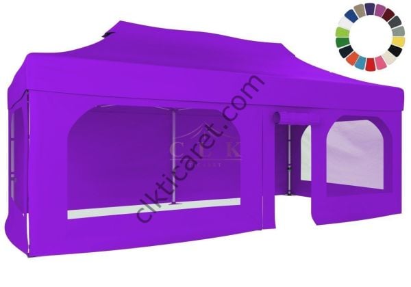 CLK 3x6 52mm Kalın Alüminyum Katlanabilir Tente Gazebo Çadır  2 Yan Pencereli 1 Yan Aksesuarsız 1 Yan Kapı ve Pencereli