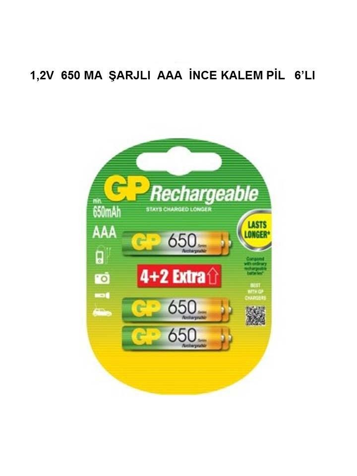 GP 1.2V 650mA AAA İnce Şarjlı Kalem Pil 6'lı