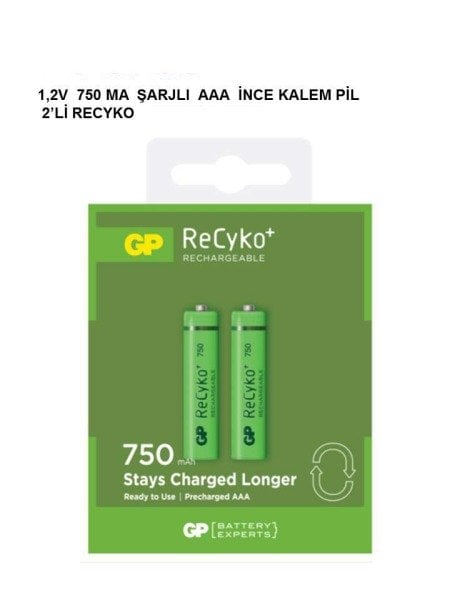 GP 1.2V 750mA AAA İnce Şarjlı  Kalem Pil 2'li