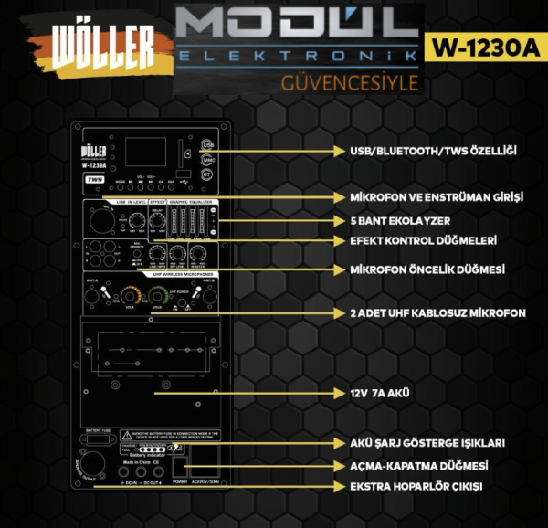 WÖLLER W-1230A ŞARJLI ÇİFT EL TELSİZ MİKROFONLU TAŞINABİLİR HOPARLÖR