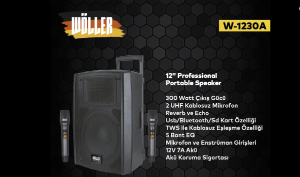 WÖLLER W-1230A ŞARJLI ÇİFT EL TELSİZ MİKROFONLU TAŞINABİLİR HOPARLÖR
