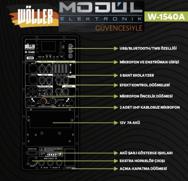 WÖLLER W-1540A ŞARJLI ÇİFT EL TELSİZ MİKROFONLU TAŞINABİLİR HOPARLÖR