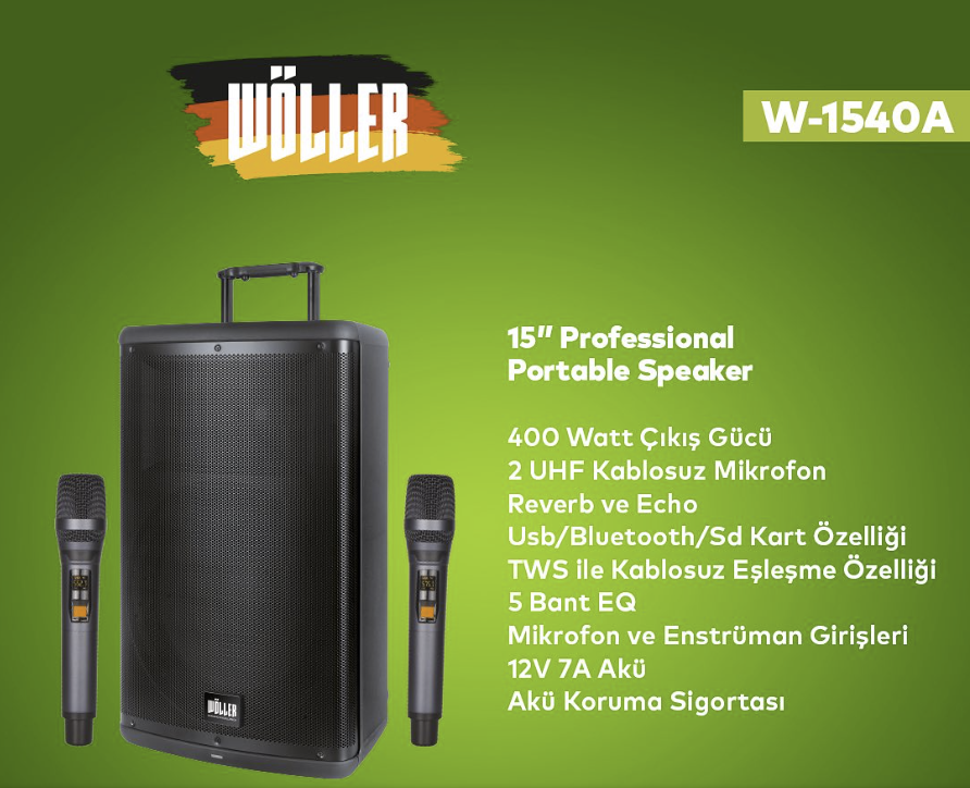 WÖLLER W-1540A ŞARJLI ÇİFT EL TELSİZ MİKROFONLU TAŞINABİLİR HOPARLÖR