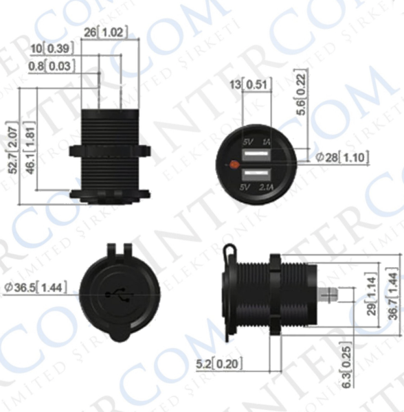 Pano Tipi USB 8-32V Giriş 5V 1A ve 5V 2,1A Çıkış Kulaksız Ø30mm
