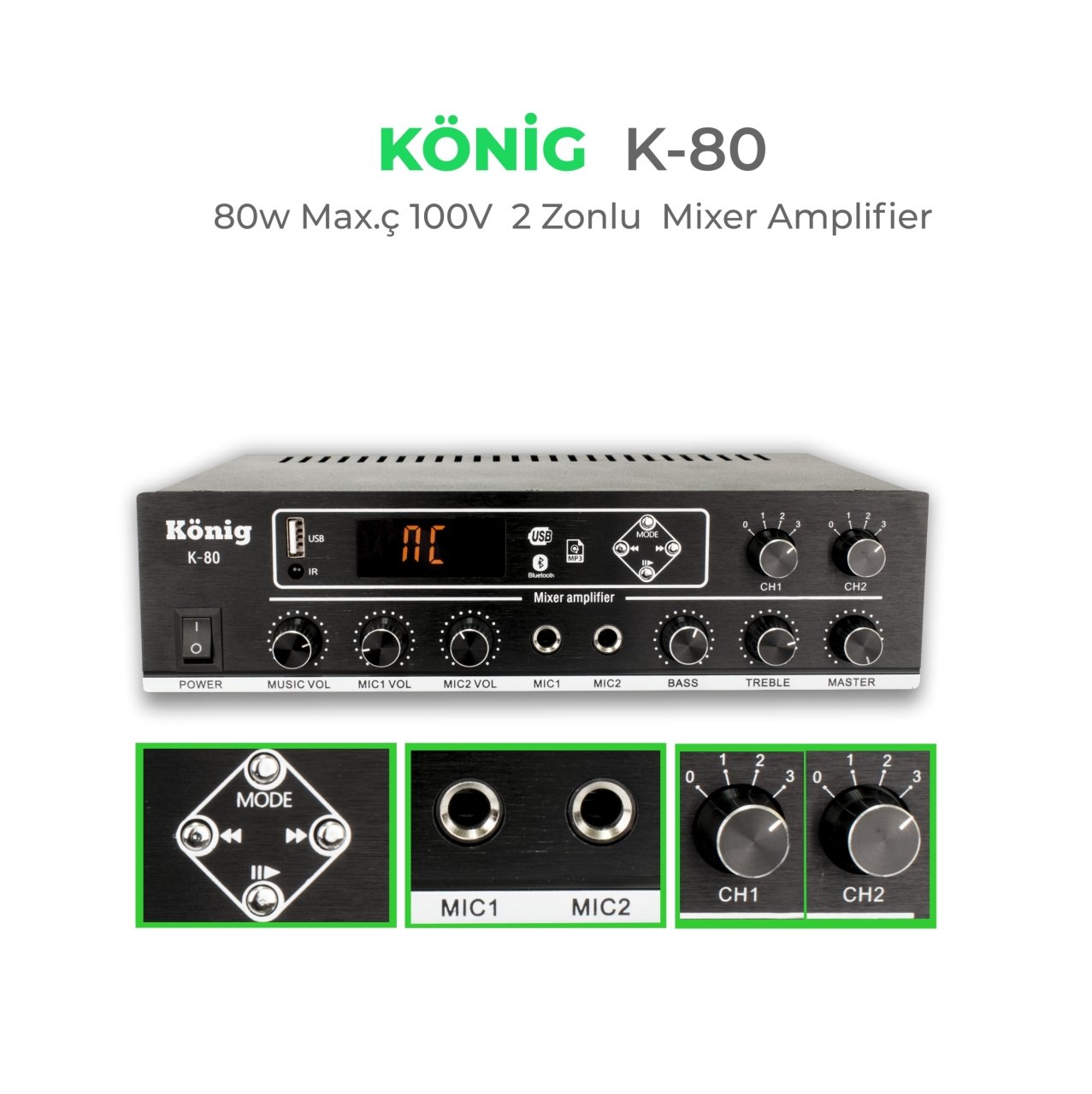 König K-80 80 Watt 100V 2 Bölgeli Hat Trafolu Amplifikatör