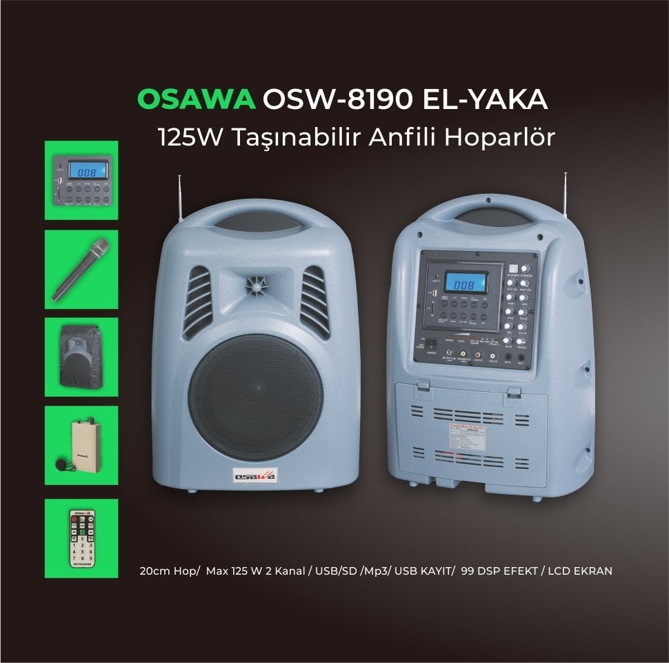 OSAWA OSW-8190 El+Yaka (Headset) Taşınabilir Şarjlı Telsiz Mikrofonlu Ses Sistemi