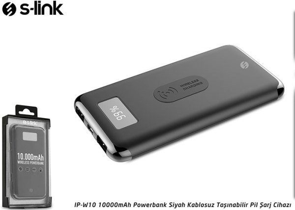 S-link IP-W10 10000mAh Powerbank Kablosuz Siyah Taşınabilir Şarj Cihazı