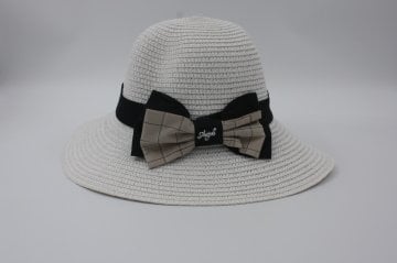 Kadın Hasır Panama Şapka Plaj Şapkası Geniş Beyaz Kurdeleli