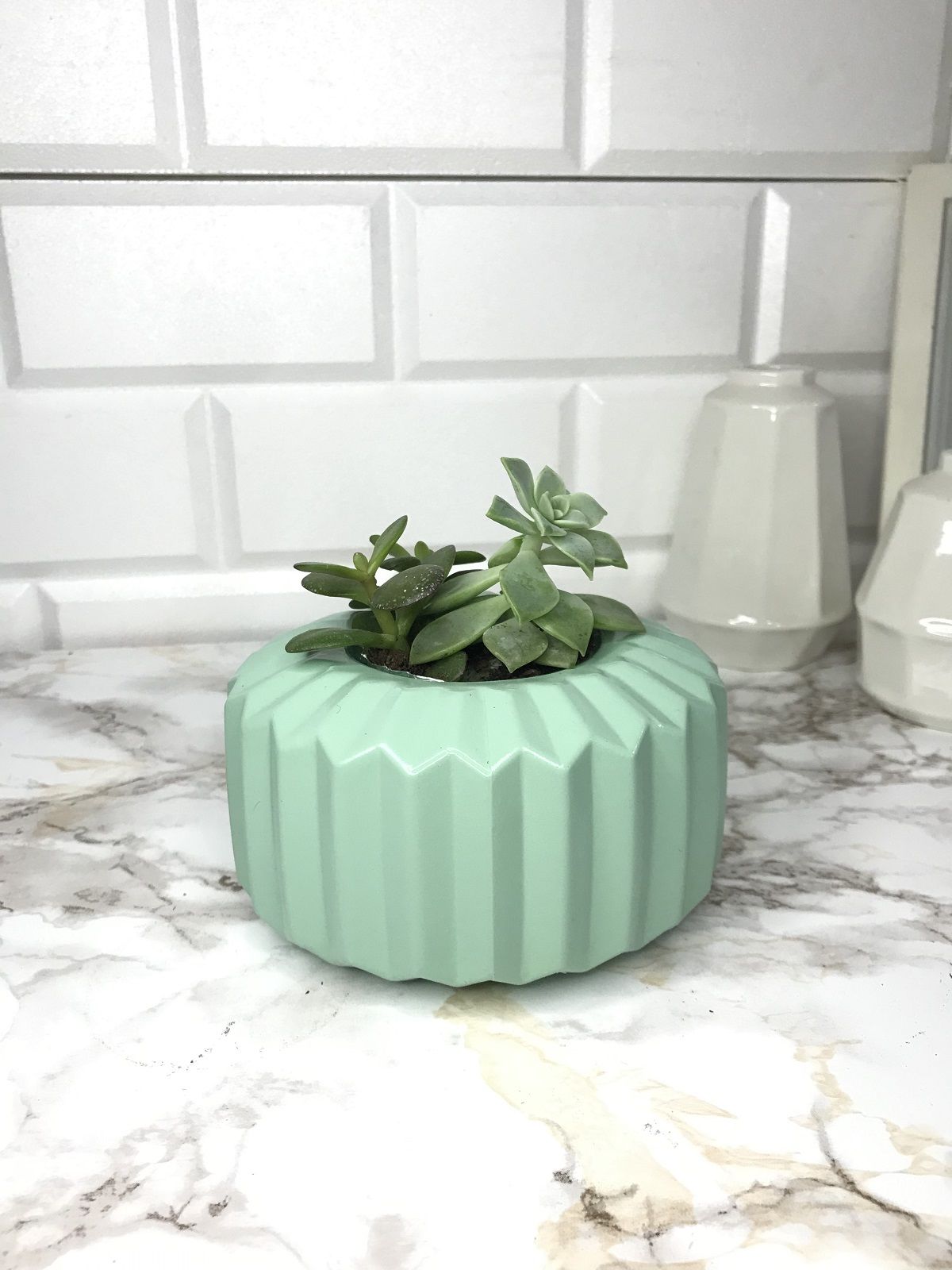 Geometrik Saksı Veya Mumluk Antrasit Hediyelik Saksılık Mint Yeşil