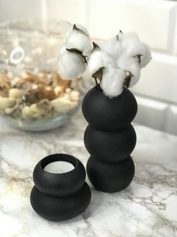 Tealight Mumluk Ve Vazo Seti 2'li Set Hediyelik Siyah