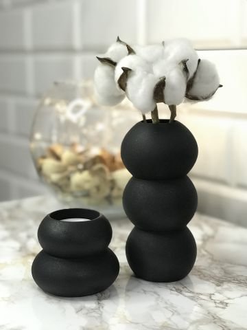 Tealight Mumluk Ve Vazo Seti 2'li Set Hediyelik Siyah