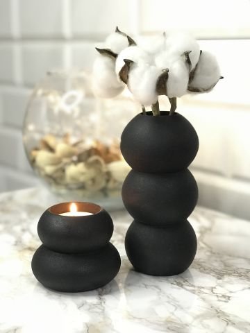 Tealight Mumluk Ve Vazo Seti 2'li Set Hediyelik Siyah