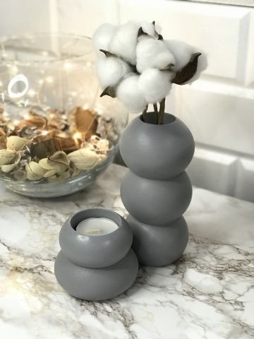 Tealight Mumluk Ve Vazo Seti 2'li Set Hediyelik Gri