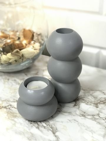 Tealight Mumluk Ve Vazo Seti 2'li Set Hediyelik Gri