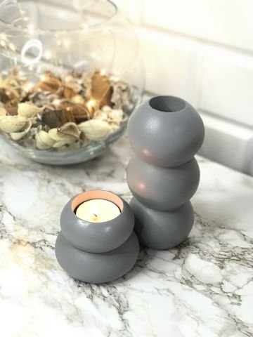 Tealight Mumluk Ve Vazo Seti 2'li Set Hediyelik Gri