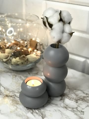 Tealight Mumluk Ve Vazo Seti 2'li Set Hediyelik Gri