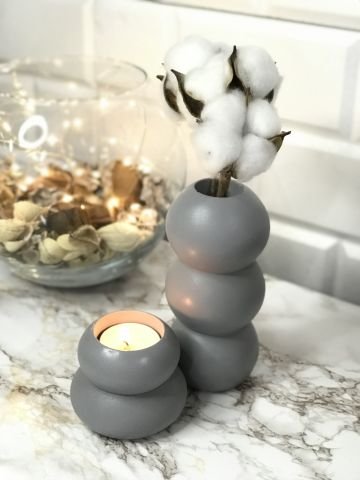 Tealight Mumluk Ve Vazo Seti 2'li Set Hediyelik Gri
