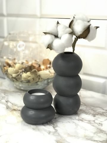 Tealight Mumluk Ve Vazo Seti 2'li Set Hediyelik Antrasit