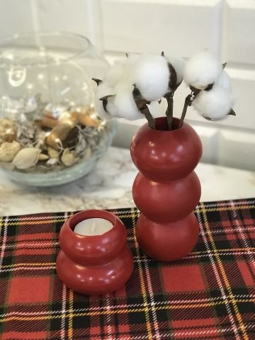 Tealight Mumluk Ve Vazo Seti 2'li Set Hediyelik Kırmızı