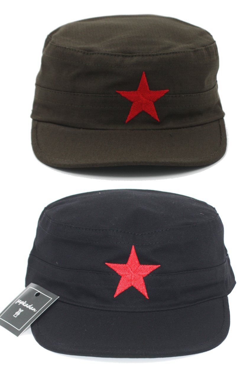 Unisex Castro Şapka Kasket Haki Siyah Yıldız Nakışlı Set