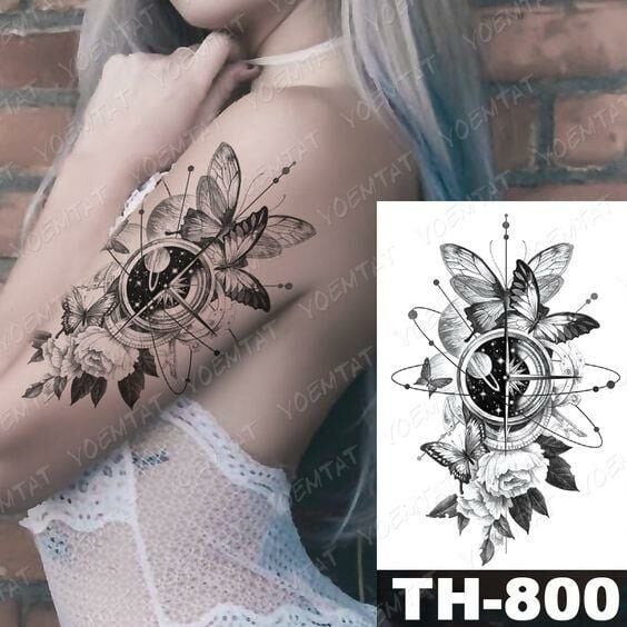 Gezegen Kelebek ve Çiçek Geçici Dövme Tattoo