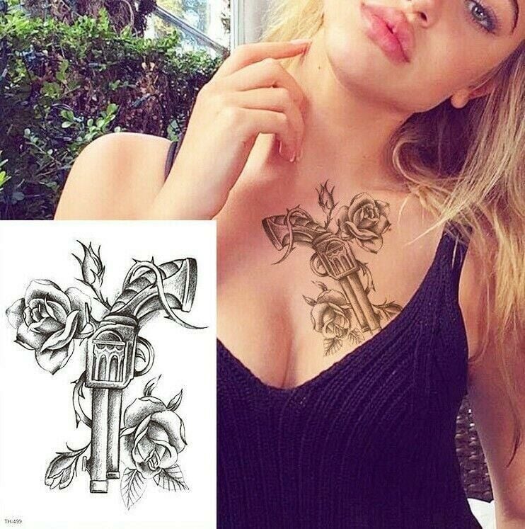 Gerçekçi Geçici Silah ve Gül Dövme Tattoo