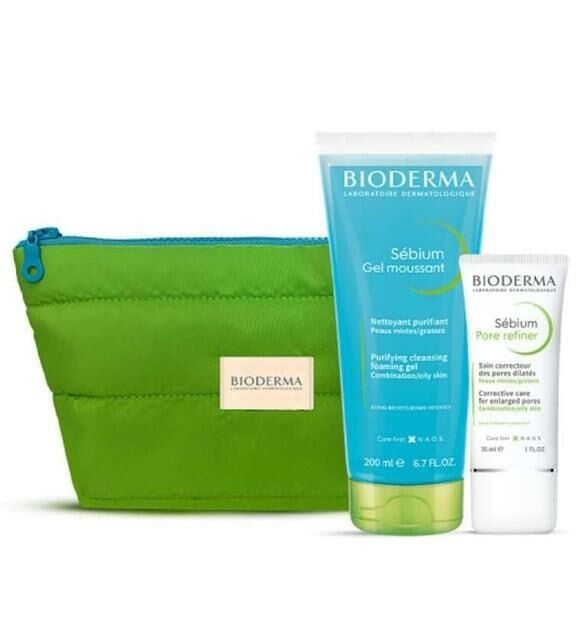Bioderma Sebium Foaming Gel Tüp 200 ml + Sebium Pore Refiner Krem 30 ml - Yeşil Makyaj Çantası Hediyeli SKT:03.26