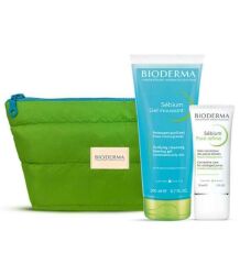 Bioderma Sebium Foaming Gel Tüp 200 ml + Sebium Pore Refiner Krem 30 ml - Yeşil Makyaj Çantası Hediyeli SKT:03.26