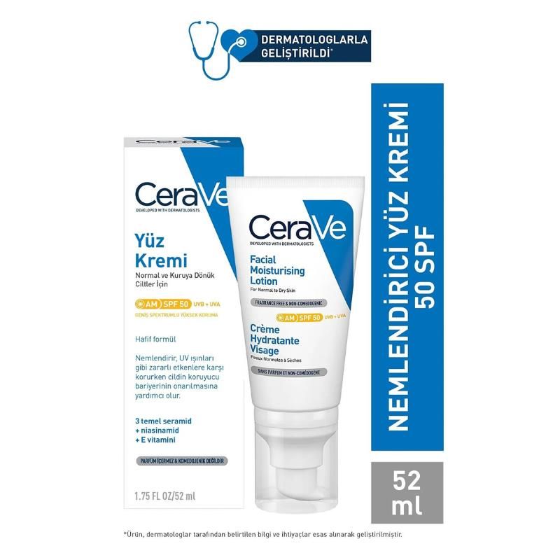 Cerave Yüz Nemlendirici Krem Normal ve Kuruya Dönük Ciltler İçin SPF50 52 ml