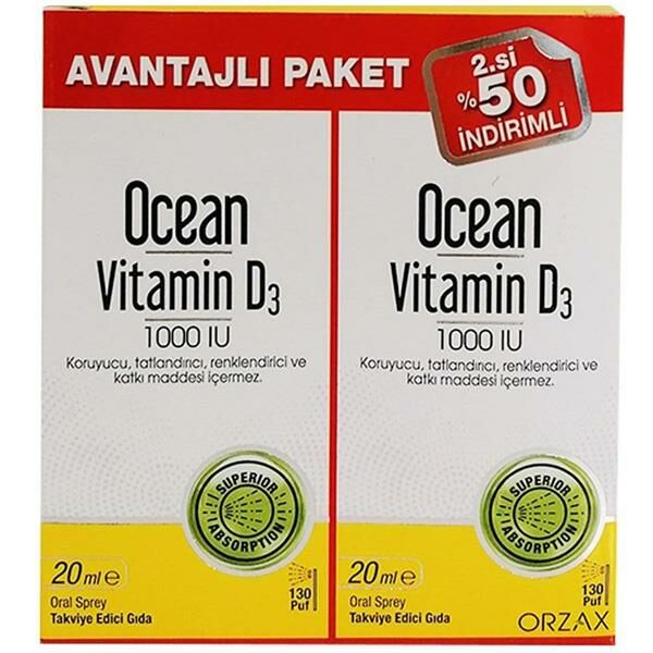 Orzax Ocean Vitamin D3 1000 IU Sprey 20 ml - 2.'si %50 İndirimli SKT:05.25