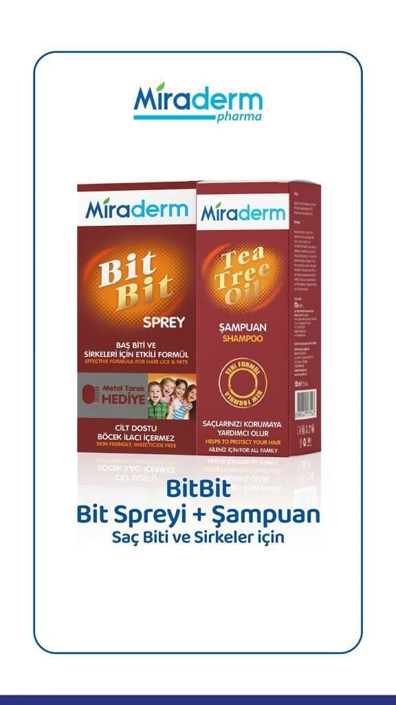 Miraderm Bit Bit Şampuan 150 ml + Bit Bit Sprey 100 ml Tedavi Kiti SKT:03.26