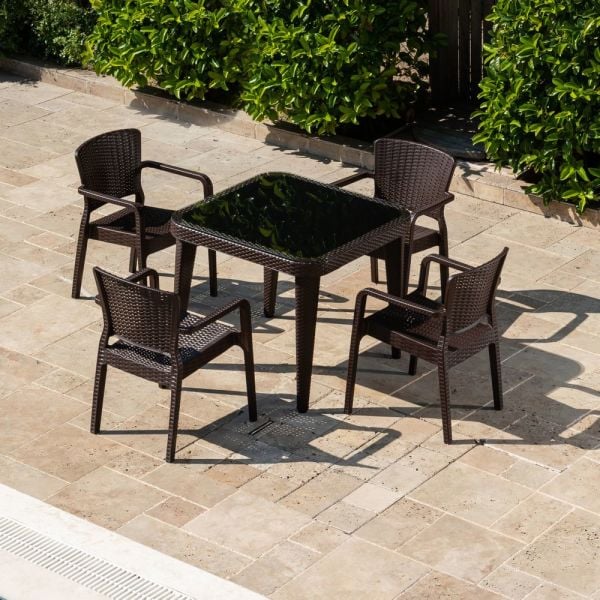 Dış Mekanlar İçin Venge Renkli Rattan Bahçe Masa ve Sandalye Takımı 4 Kişilik 90x90 cm Kare