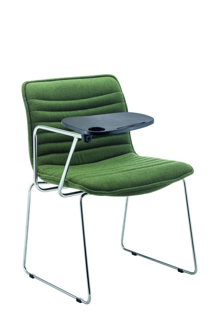 Cuno Ergonomik Konferans Sandalyesi Yeşil Kaşe Kumaş Döşemeli Katlanabilir Yazı Tablalı