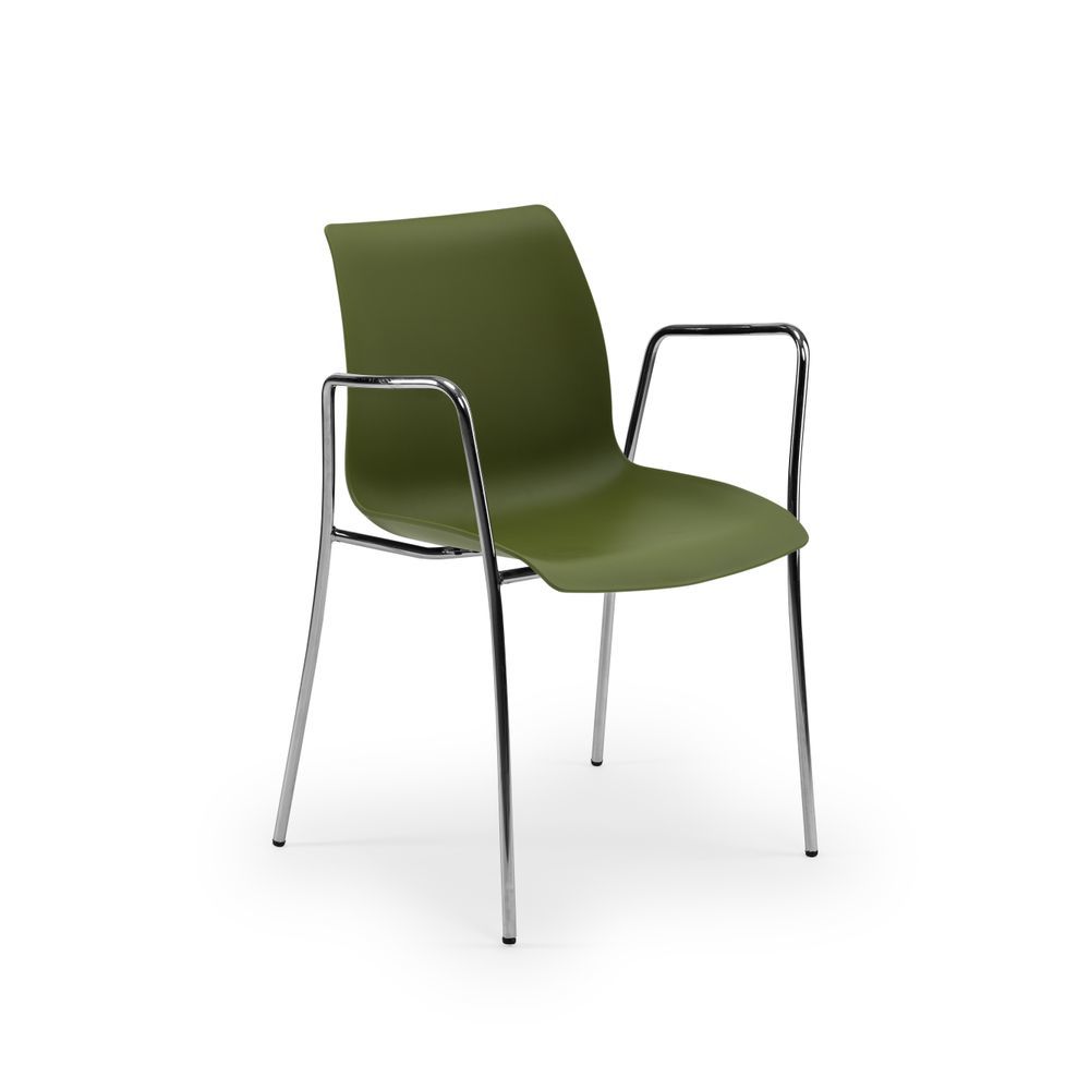 İstiflenebilir Haki Yeşil Plastik Oturaklı Metal Krom Ayaklı Kollu Sandalye