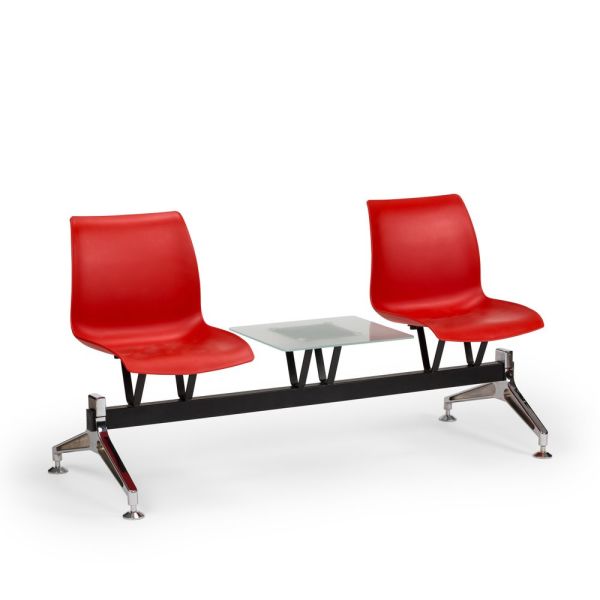 Ikili Metal Ayaklı Sehpalı Polipropilen Plastik Kırmızı Oturaklı Ofis Bekleme Sandalyesi