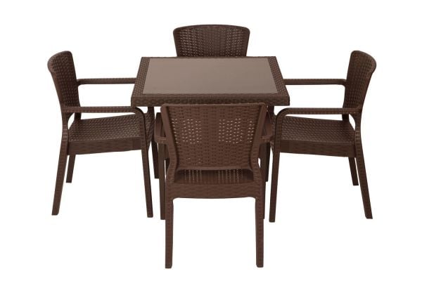 Venge Rattan Plastik 4 Kişilik 70x70 cm Kare Dış Mekan Bahçe Masa Sandalye Takımı