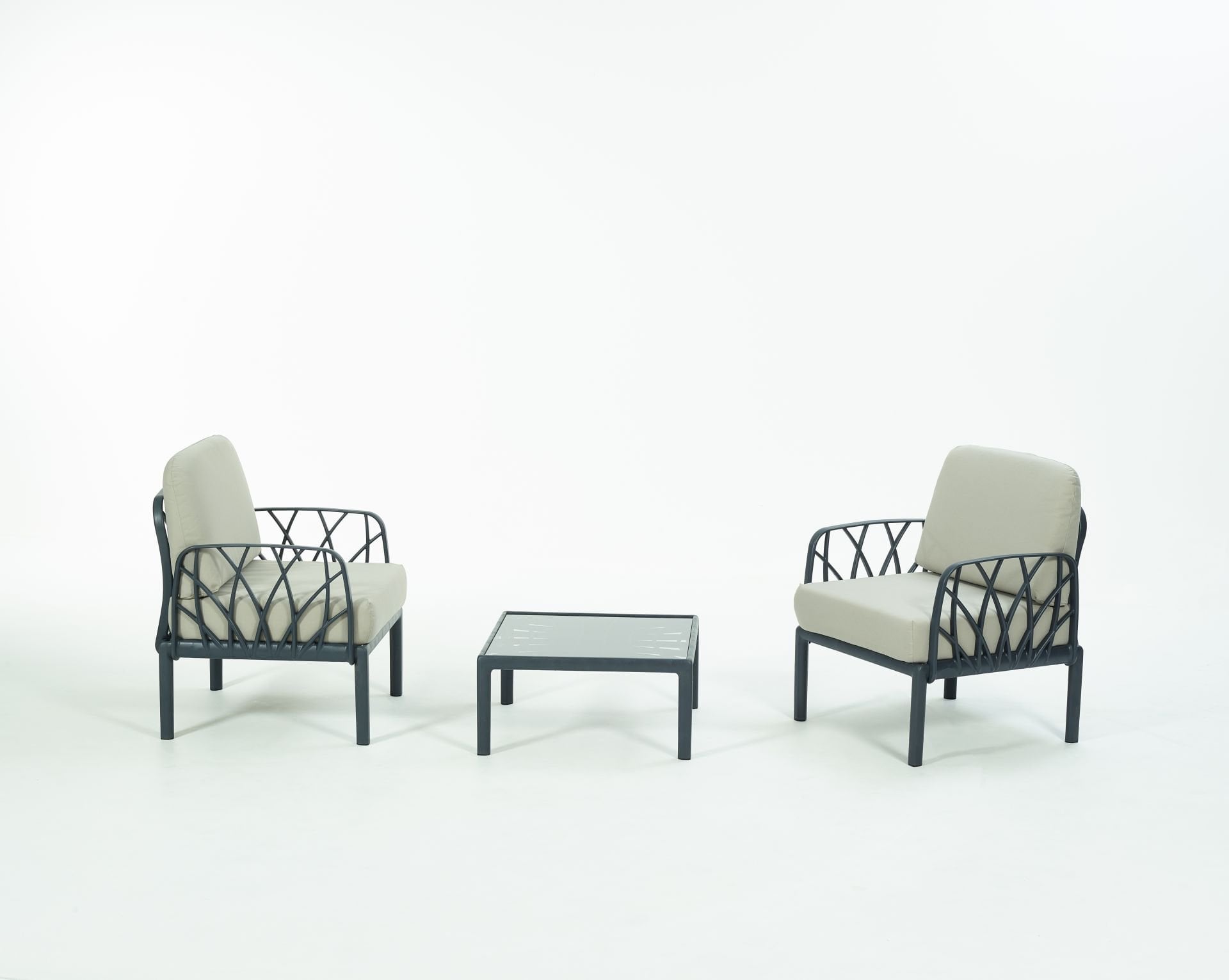 Antrasit Bej Kumaş Camlı Sehpa İkili Bahçe Koltuğu  Seti