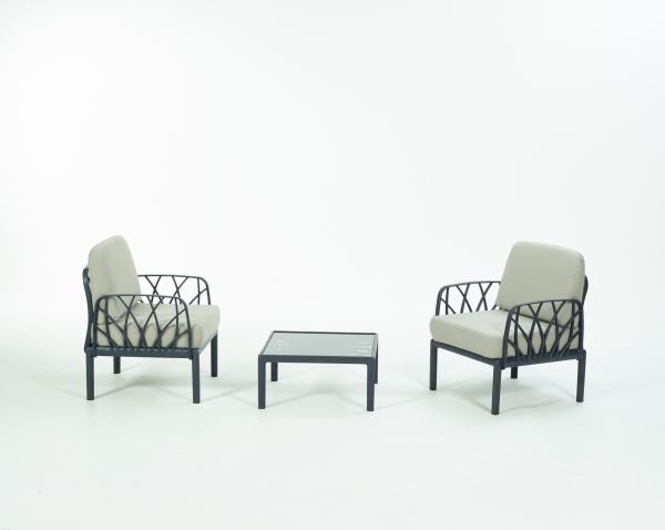 Antrasit Bej Kumaş Camlı Sehpa İkili Bahçe Koltuğu  Seti