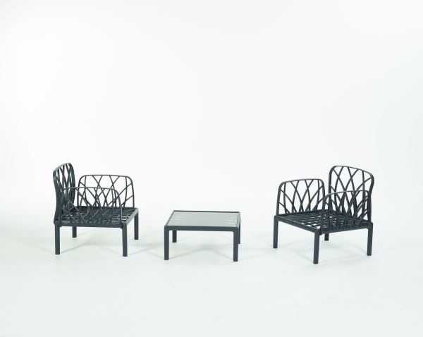 Antrasit Bej Kumaş Camlı Sehpa İkili Bahçe Koltuğu  Seti