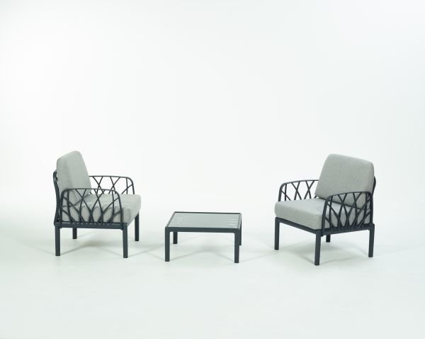 Antrasit Gri Kumaş Camlı Sehpa İkili Bahçe Koltuğu Takımı