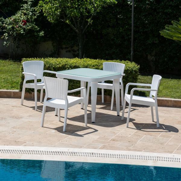 90x90 Kare Beyaz Dış Mekan Bahçe Restaurant Masa Sandalye Takımı