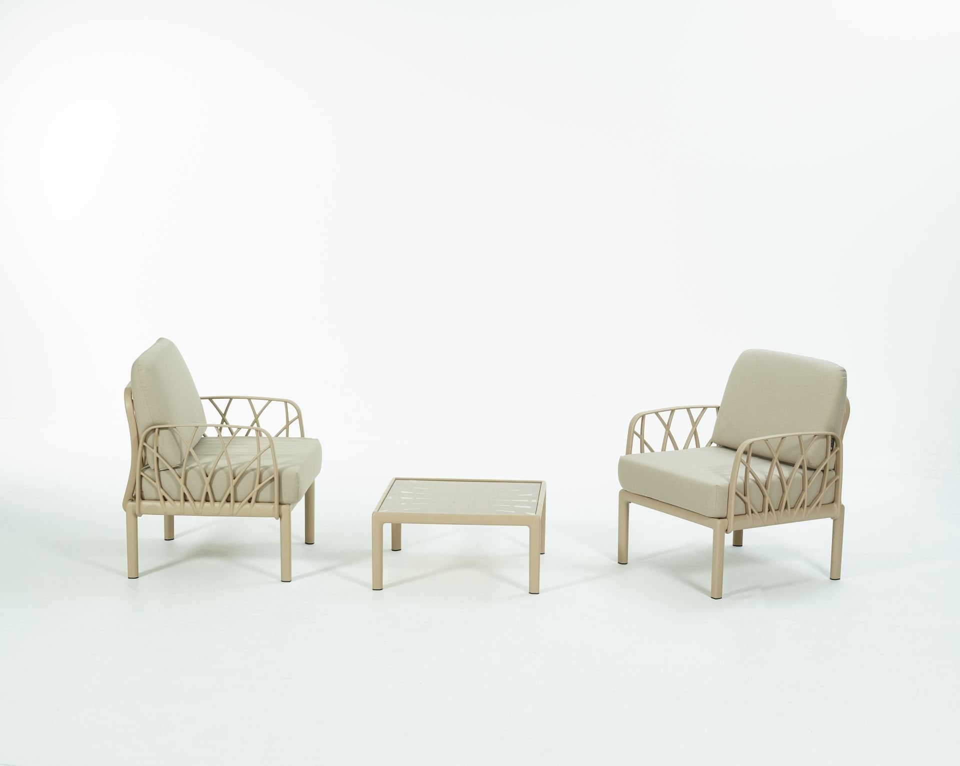 Cappucino Bej Kumaş Camlı Sehpa İkili Bahçe Koltuğu Seti