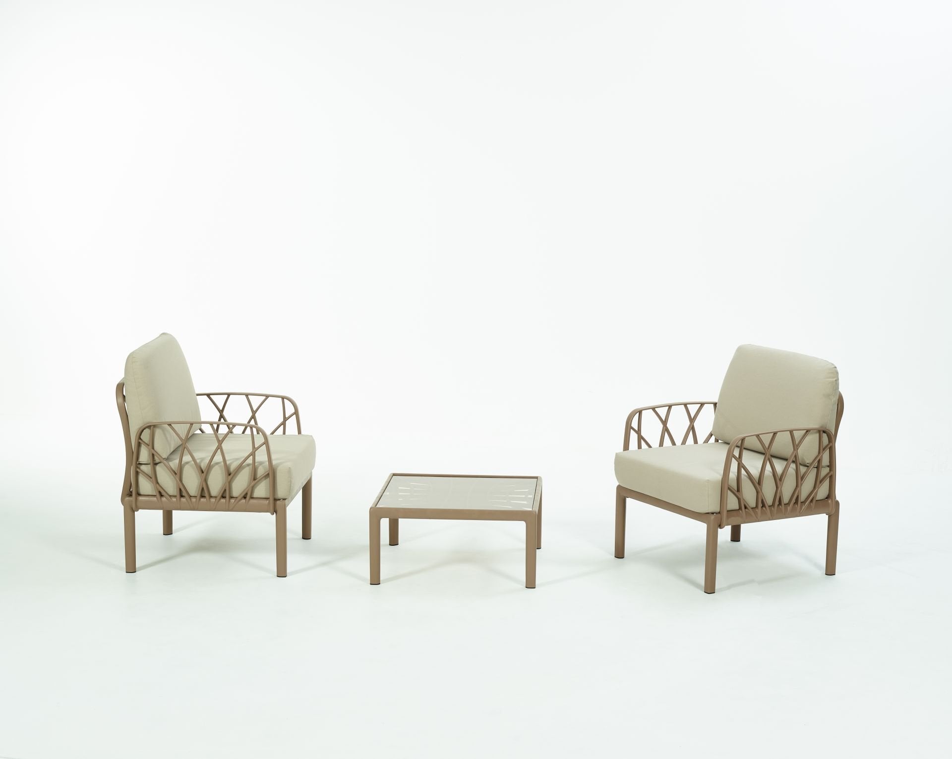 Çöl Kahvesi Bej Kumaş Camlı Sehpa İkili Bahçe Koltuğu Takımı