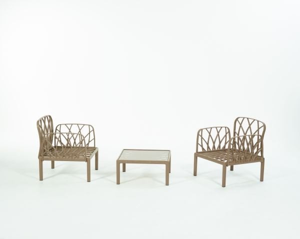 Çöl Kahvesi Bej Kumaş Camlı Sehpa İkili Bahçe Koltuğu Takımı