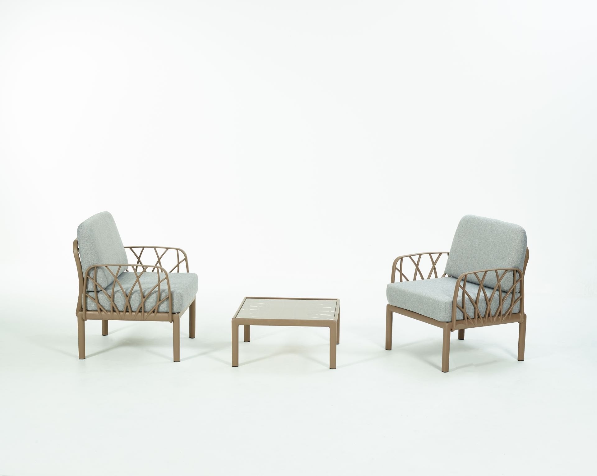 Çöl Kahvesi Gri Kumaş Camlı Sehpa 2 Li Bahçe Koltuğu Takımı