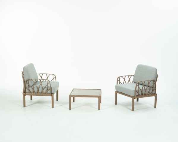 Çöl Kahvesi Gri Kumaş Camlı Sehpa 2 Li Bahçe Koltuğu Takımı