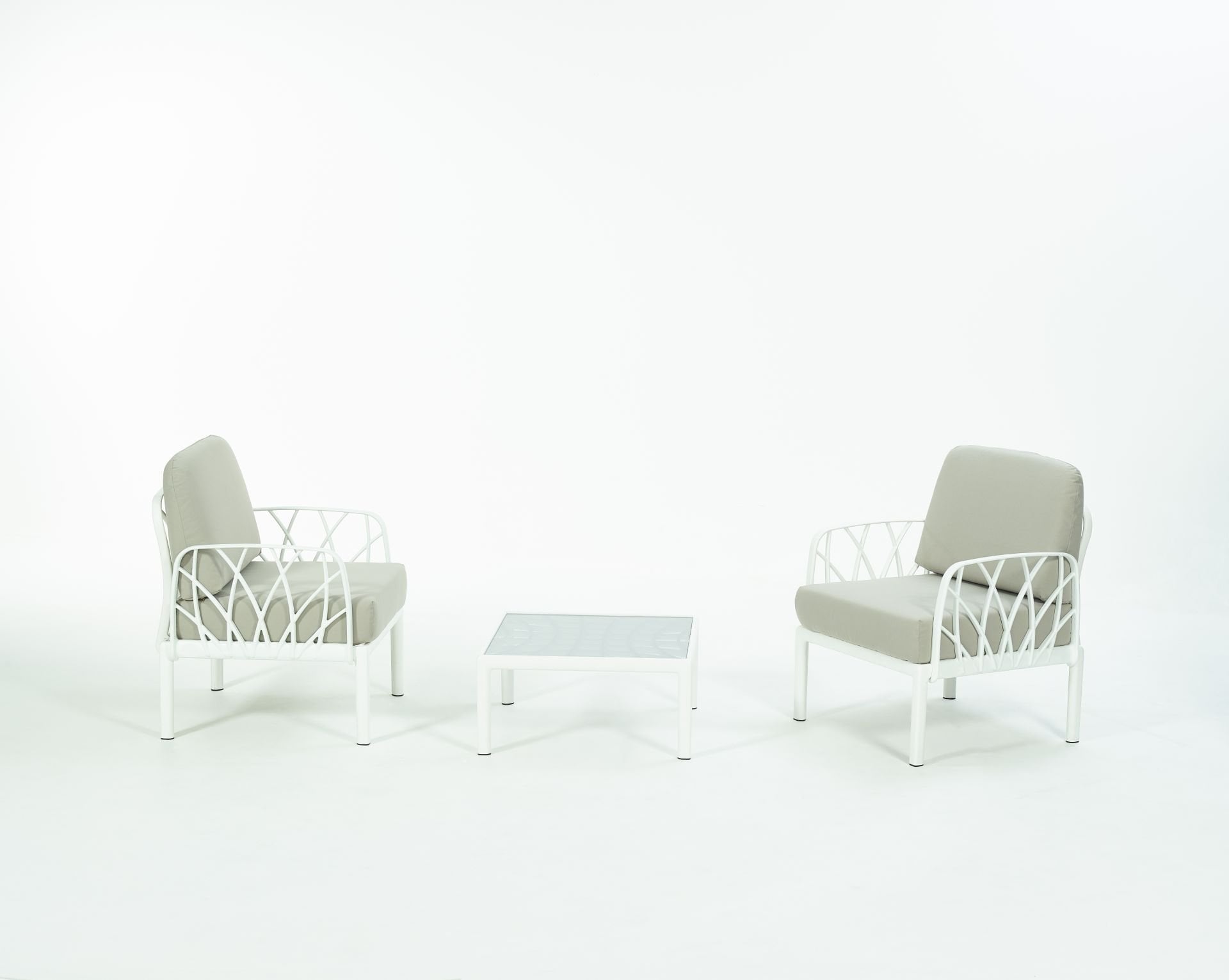 Beyaz Bej Kumaş Camlı Sehpa 2 Kişilik Bahçe Koltuğu Takımı