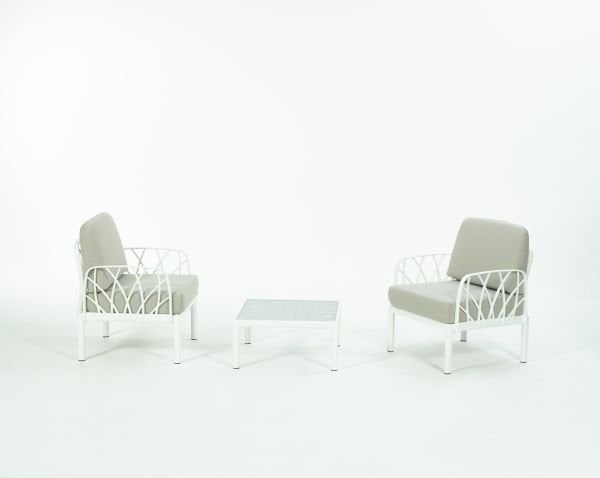 Beyaz Bej Kumaş Camlı Sehpa 2 Kişilik Bahçe Koltuğu Takımı